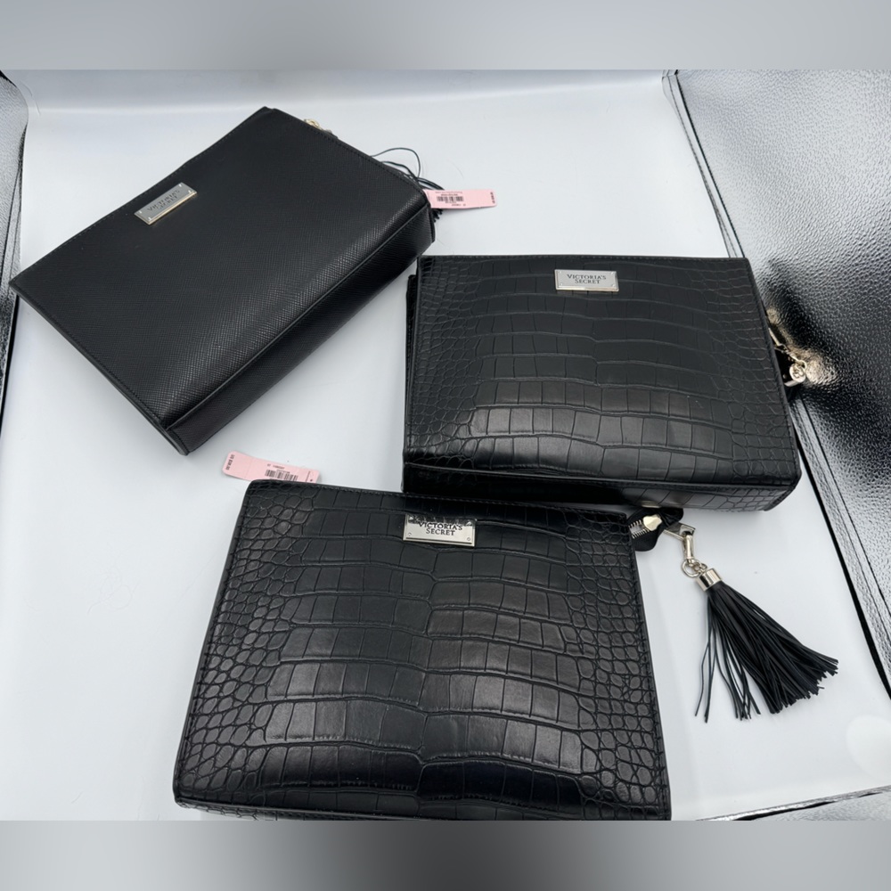 NWT Lot 3 VICTORIA'S SECRET BLACK ALLIGATOR BEAUTY POUCH WITH TASSEL